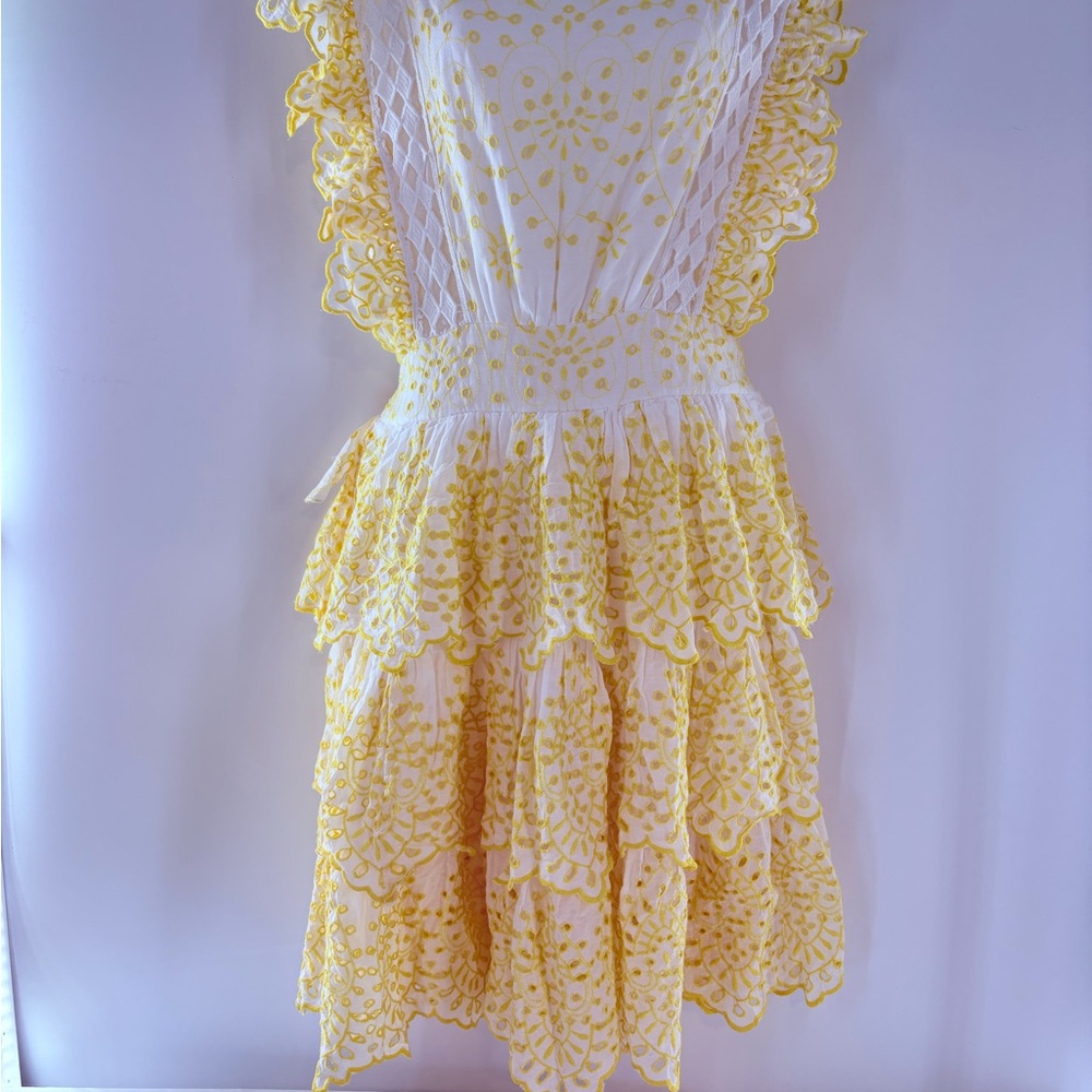 NJ Couture Yellow and White Eyelet Lace Tiered Sundress Ruffles Sunny Size L - Picture 5 of 17